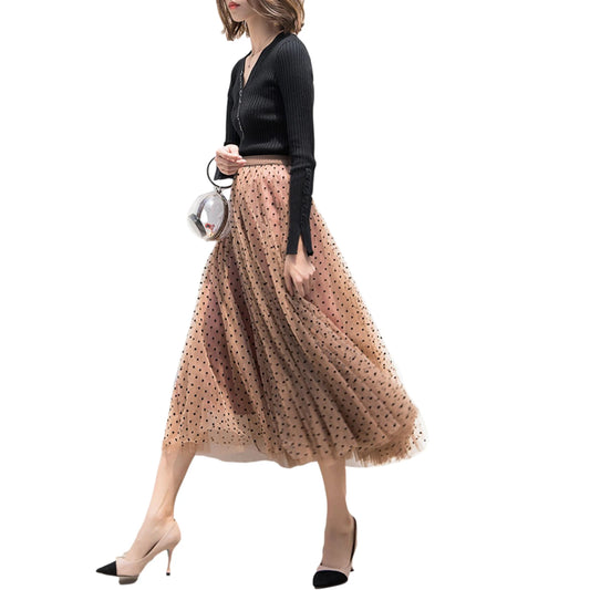 2021 Fashion Women&#39;s Wave Point A-line Yarn Skirt. High Waist Muti-layer Patchwork Tulle Dress for Spring. Fall and Winter